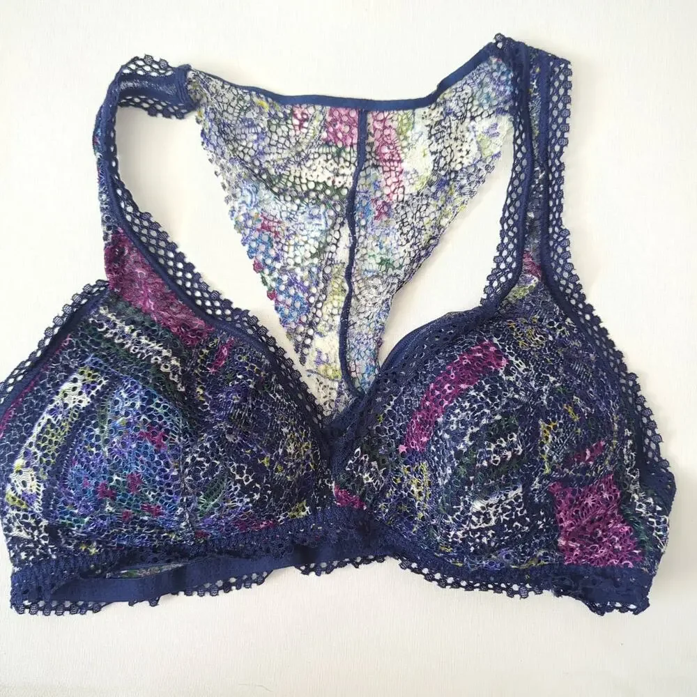 Victoria's Secret Women's Bralette Lace Bra Large Blue Purple Racerback Romantic